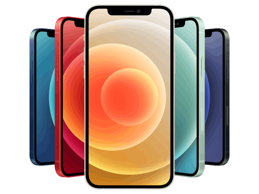 Vijf kleurrijke smartphones, verschillende modellen.